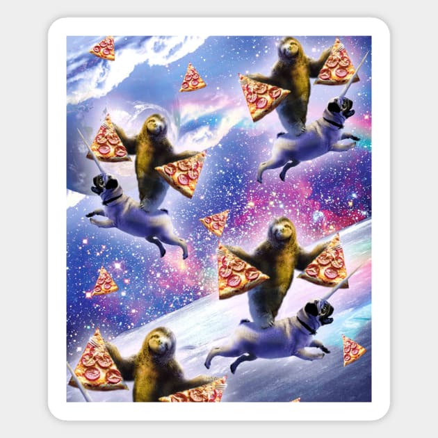 Space Sloth Riding Pug Pugicorn Unicorn Eating Pizza Sticker by Random Galaxy